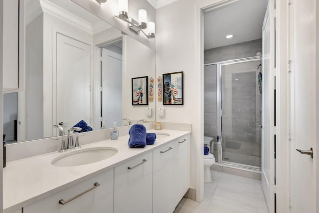 bathroom with an enclosed shower, vanity, crown molding, tile patterned flooring, and toilet