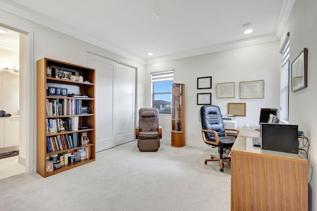 office area featuring crown molding and light carpet