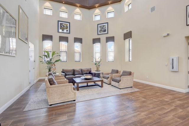 living room featuring a towering ceiling and wood-type flooring