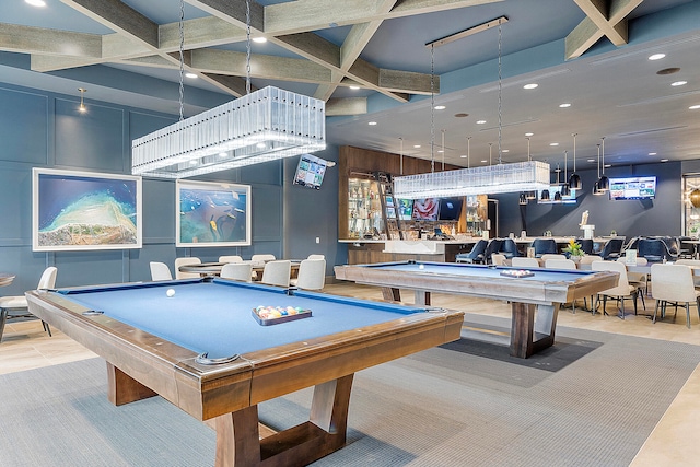 rec room with beamed ceiling, coffered ceiling, pool table, and indoor bar