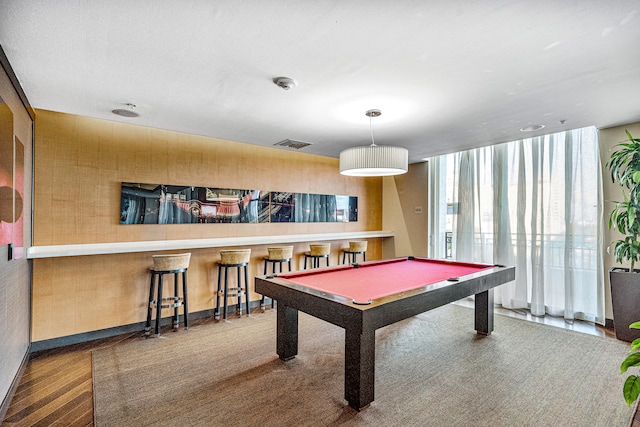 rec room with billiards and carpet