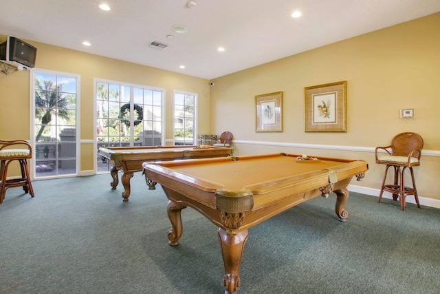 recreation room with carpet floors and billiards