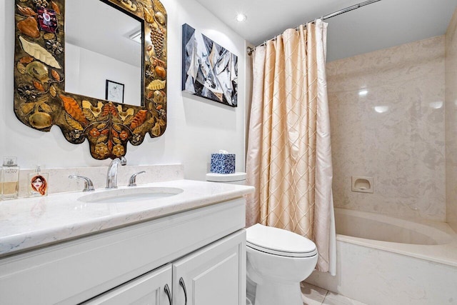 full bathroom featuring toilet, tile patterned flooring, shower / tub combo, and vanity