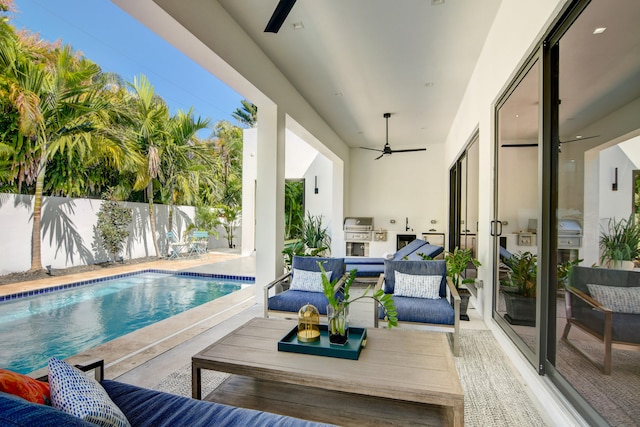 view of pool featuring a patio area, an outdoor living space, grilling area, and ceiling fan