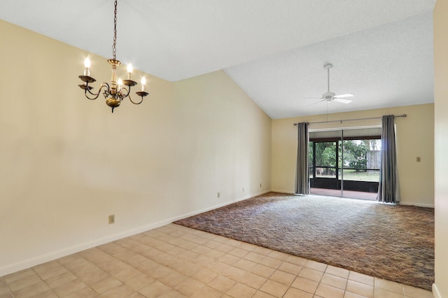 spare room with a textured ceiling, ceiling fan with notable chandelier, lofted ceiling, and light carpet