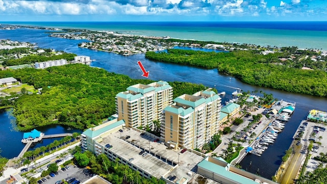 aerial view featuring a water view