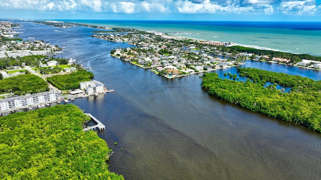 drone / aerial view featuring a water view