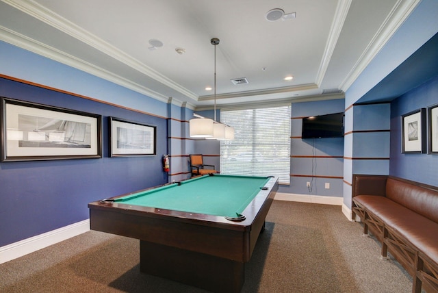 recreation room with dark carpet, a tray ceiling, crown molding, and billiards