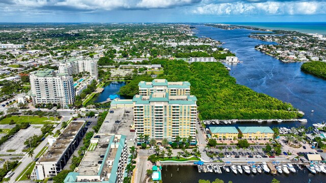 drone / aerial view featuring a water view