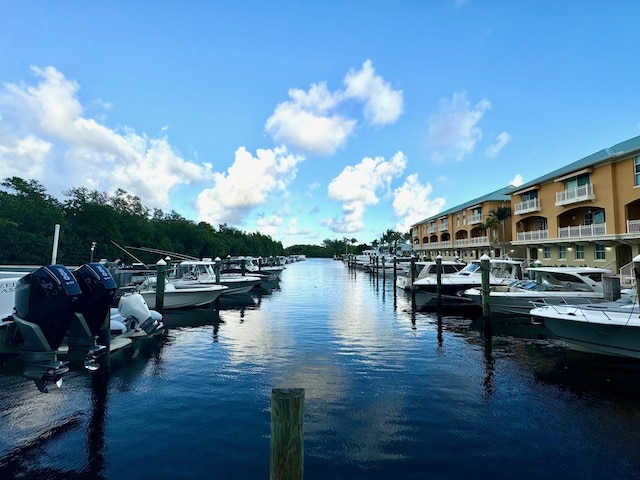 view of dock with a water view