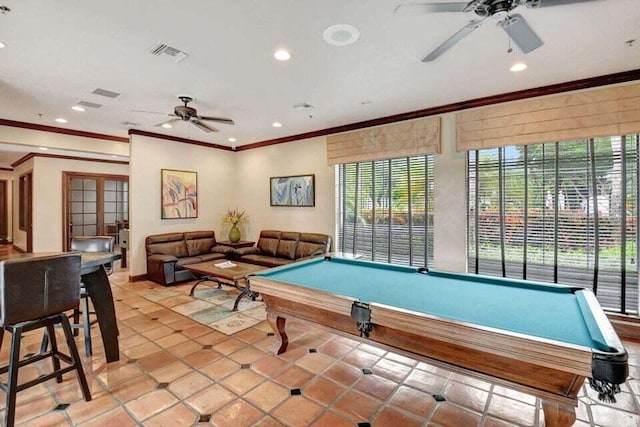 rec room featuring light tile patterned flooring, crown molding, billiards, and ceiling fan