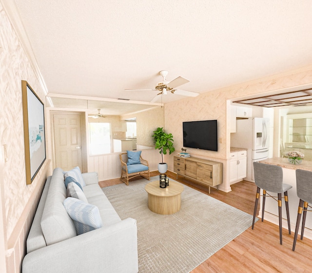 living room featuring ceiling fan, light hardwood / wood-style floors, a textured ceiling, and ornamental molding