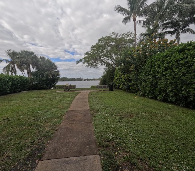 view of yard with a water view