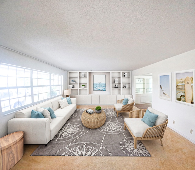 living room with carpet and a textured ceiling