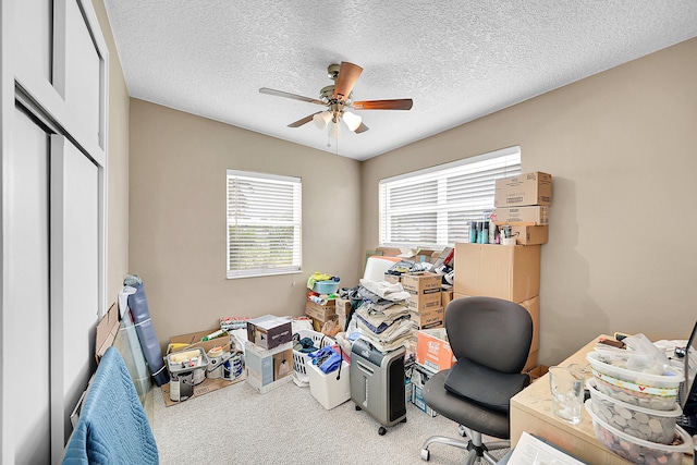 office area featuring ceiling fan, carpet flooring, a textured ceiling, and plenty of natural light