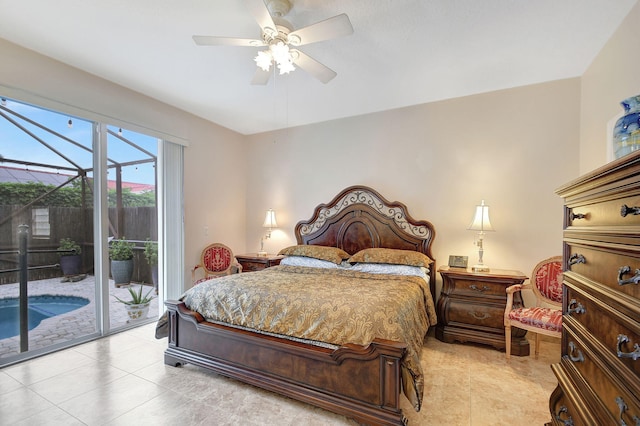 tiled bedroom featuring access to exterior and ceiling fan