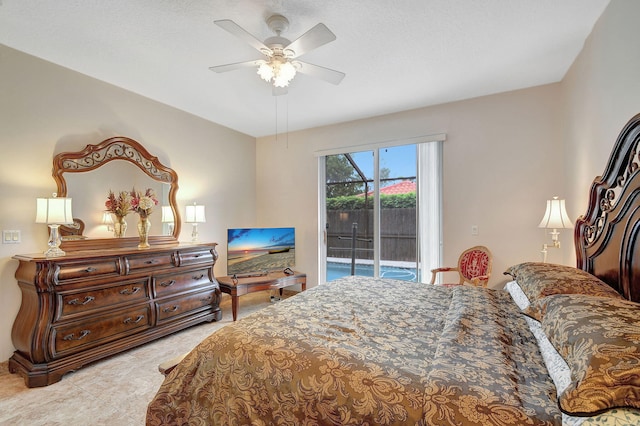 bedroom featuring ceiling fan, access to outside, and light tile patterned flooring