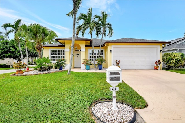 ranch-style house with a front lawn and a garage