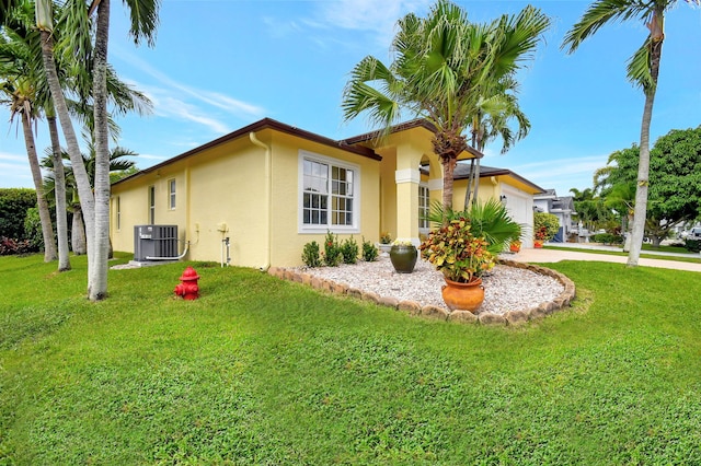 view of side of home featuring central AC and a lawn