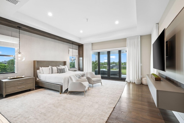 bedroom featuring dark wood-type flooring, multiple windows, access to exterior, and a raised ceiling