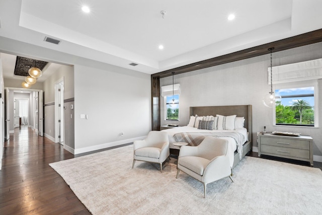 bedroom with multiple windows, dark hardwood / wood-style floors, and a raised ceiling