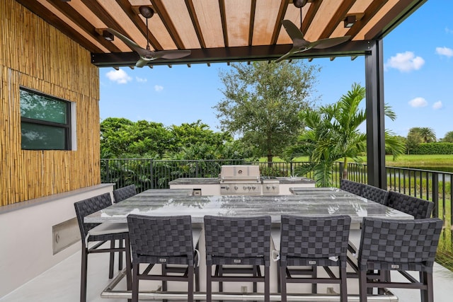 view of patio / terrace featuring a water view and grilling area