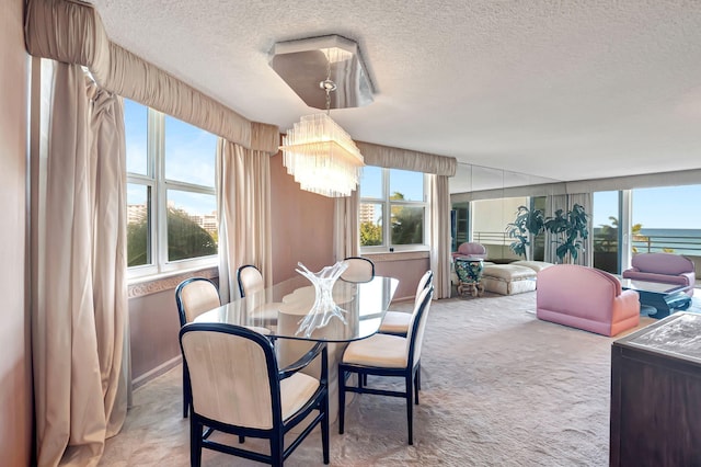 dining room with a water view, a notable chandelier, a textured ceiling, and light colored carpet