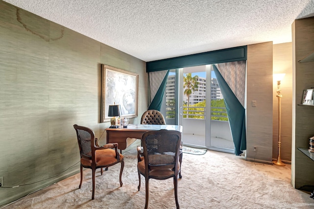 home office with a textured ceiling and light colored carpet