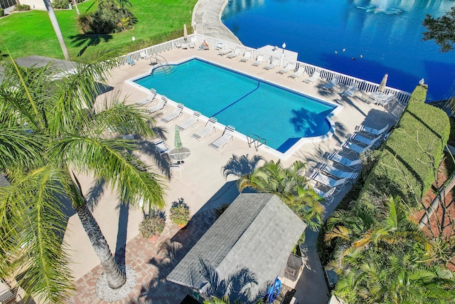 drone / aerial view with a water view