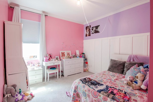 carpeted bedroom featuring ornamental molding