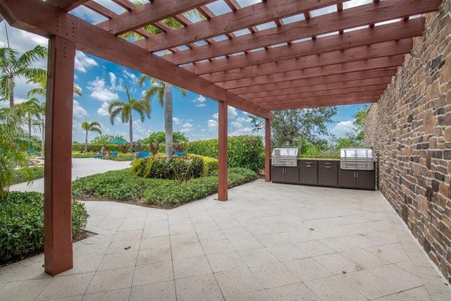 view of patio / terrace featuring a pergola, area for grilling, and a grill