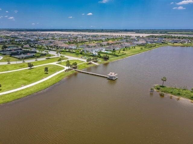 drone / aerial view featuring a water view