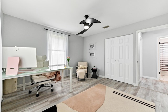 office space featuring ceiling fan and light wood-type flooring