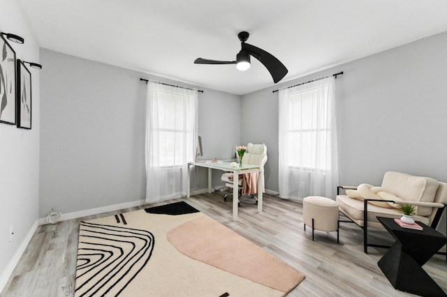 office featuring ceiling fan and light hardwood / wood-style flooring