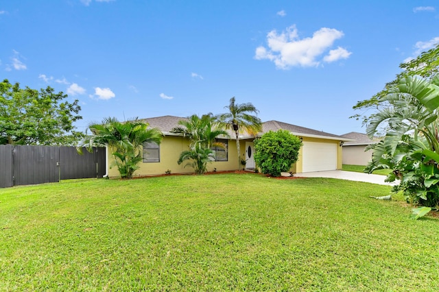 single story home with a garage and a front yard