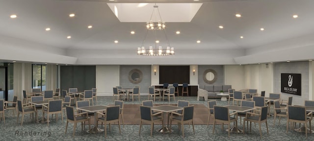 dining room with lofted ceiling and a chandelier