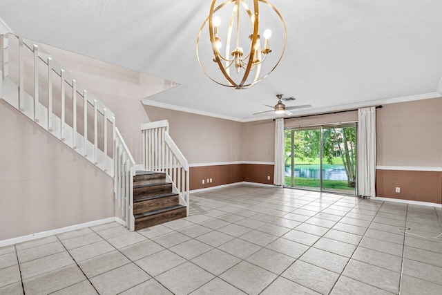 unfurnished living room featuring ornamental molding, ceiling fan with notable chandelier, a textured ceiling, and light tile patterned floors