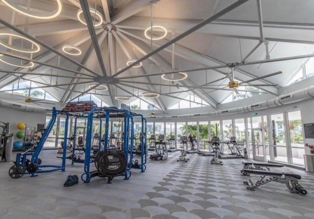 gym with plenty of natural light and high vaulted ceiling