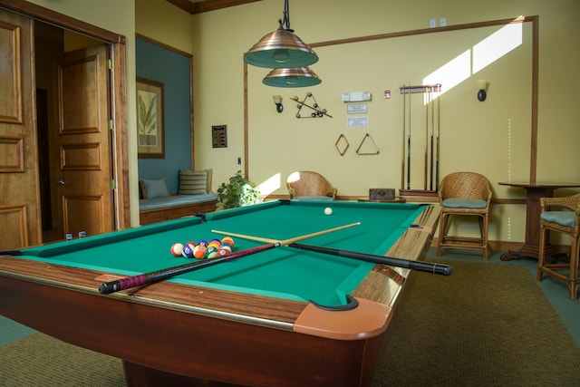 recreation room with billiards and carpet floors