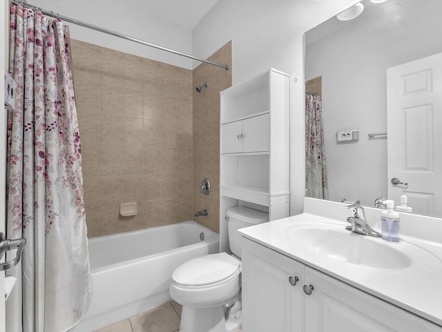 full bathroom with shower / bath combo with shower curtain, tile patterned floors, vanity, and toilet