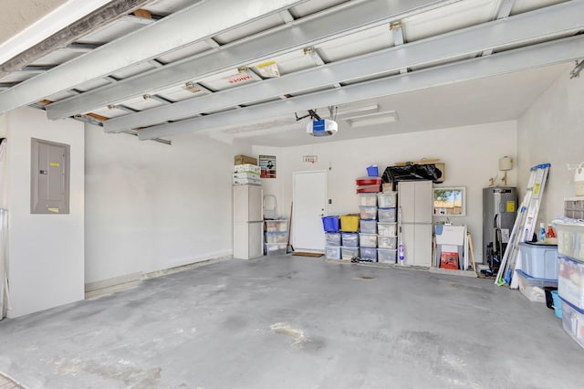 garage featuring electric panel, water heater, and a garage door opener