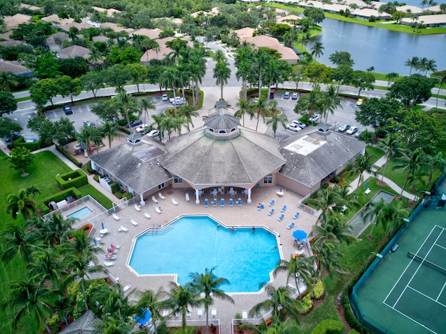 birds eye view of property featuring a water view