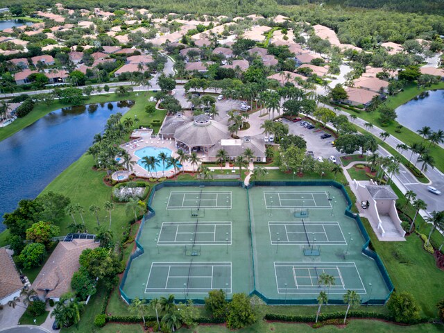 bird's eye view with a water view