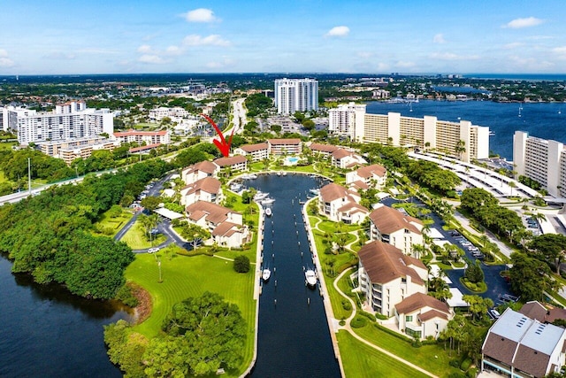 birds eye view of property featuring a water view