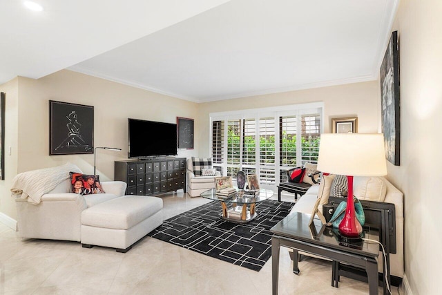 living room with ornamental molding and light tile patterned floors