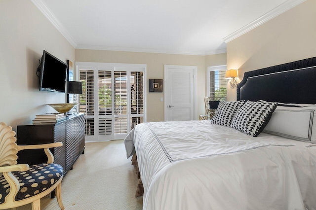 bedroom featuring crown molding and light colored carpet