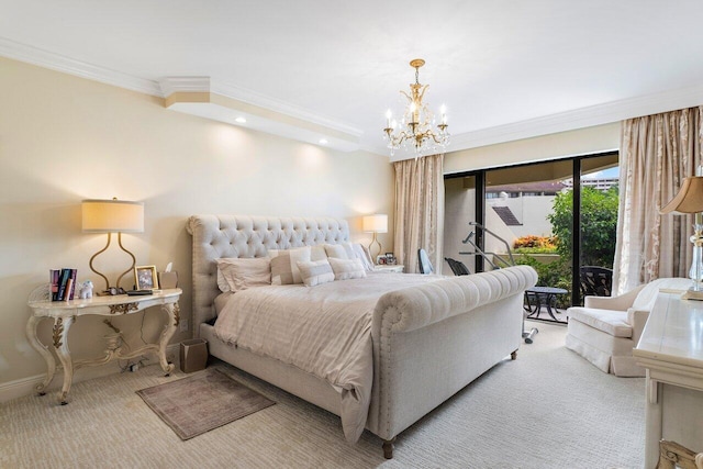 bedroom with crown molding, a notable chandelier, light colored carpet, and access to outside