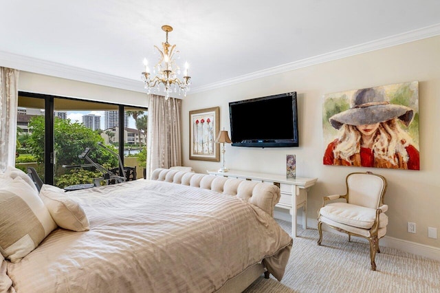 bedroom featuring ornamental molding, a notable chandelier, light colored carpet, and access to outside