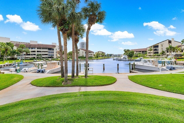 view of water feature with a boat dock