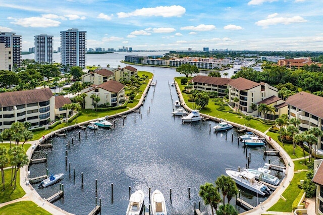 birds eye view of property featuring a water view